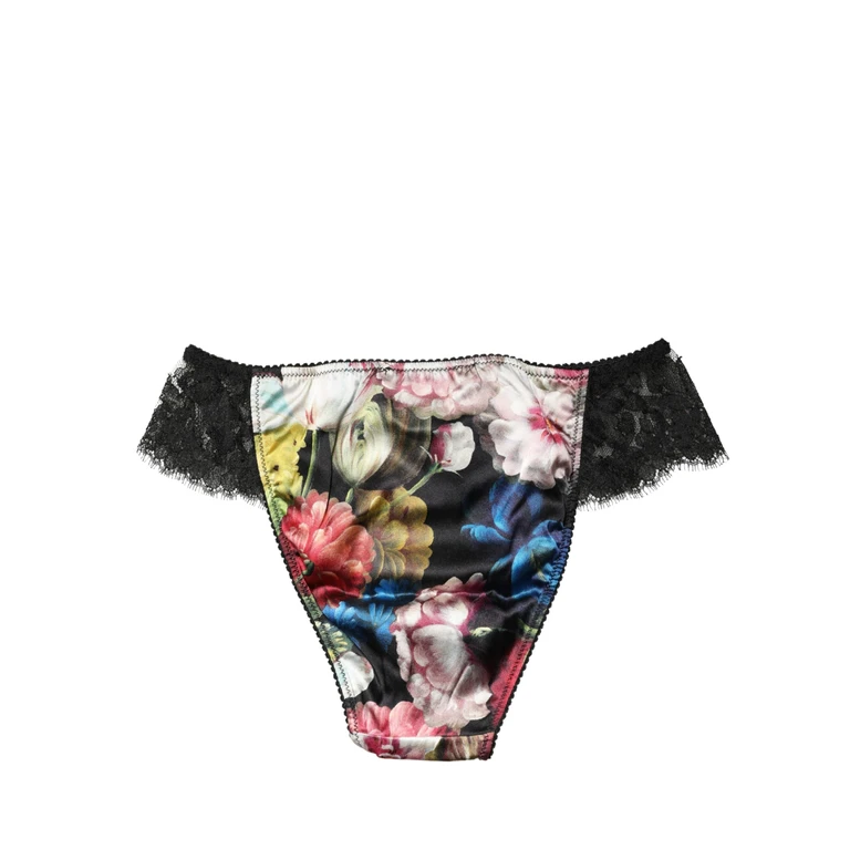 Black Floral Lace Mid Waist Brief Panty Underwear Elastane Cotton Clothing - Women