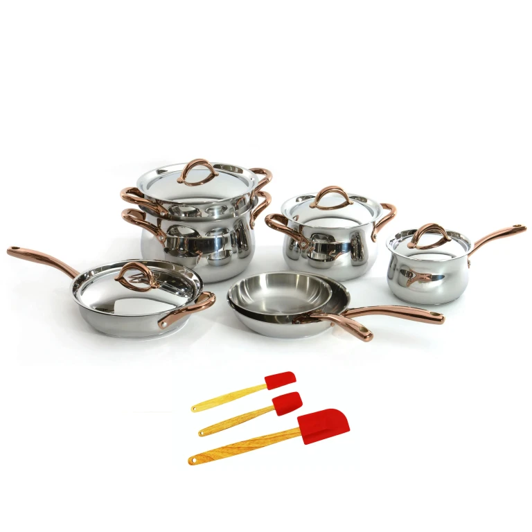 Ouro Gold 14pc 18/10 Stainless Steel Cookware Set, Rose Gold Handles, Metal Lids