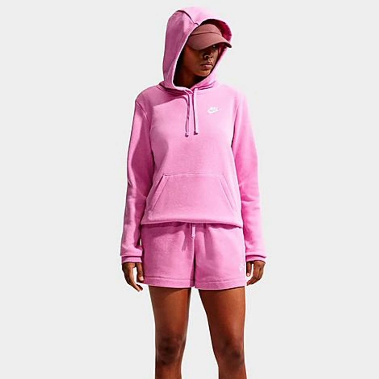 Nike Women's Sportswear Club Fleece Pullover Hoodie in Light Magenta/Heather/White Size: S Short