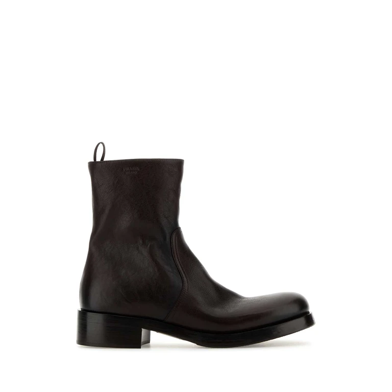 Prada Dark Brown Leather Ankle Boots Moro Stivali - Women