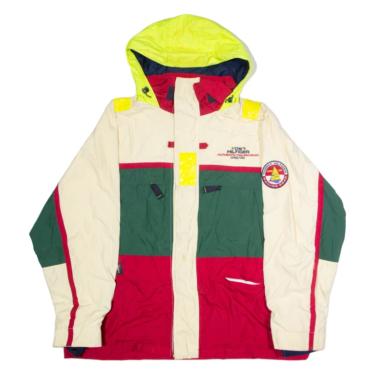 TOMMY HILFIGER Sailing Gear Mens Coat Cream 90s Hooded Colourblock 2XL