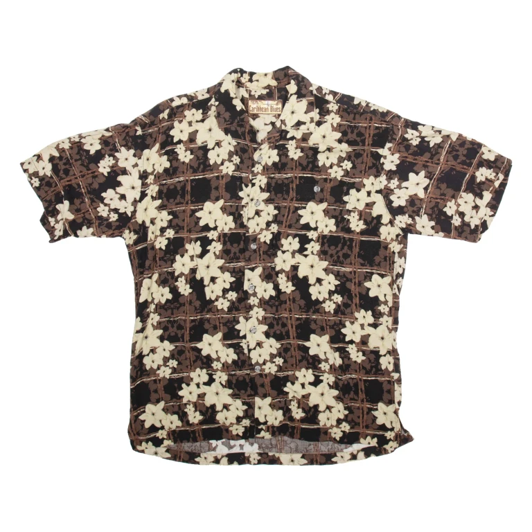 CARIBBEAN BLUES Mens Hawaiian Shirt Black Floral L