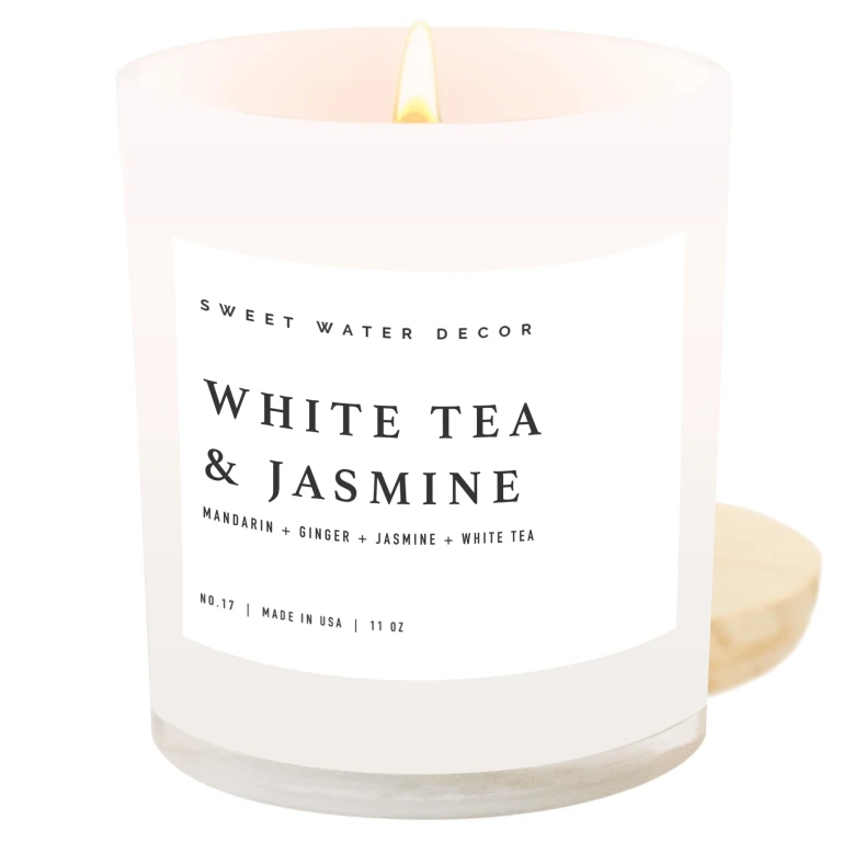 White Tea and Jasmine Soy Candle - White Jar - 11 oz