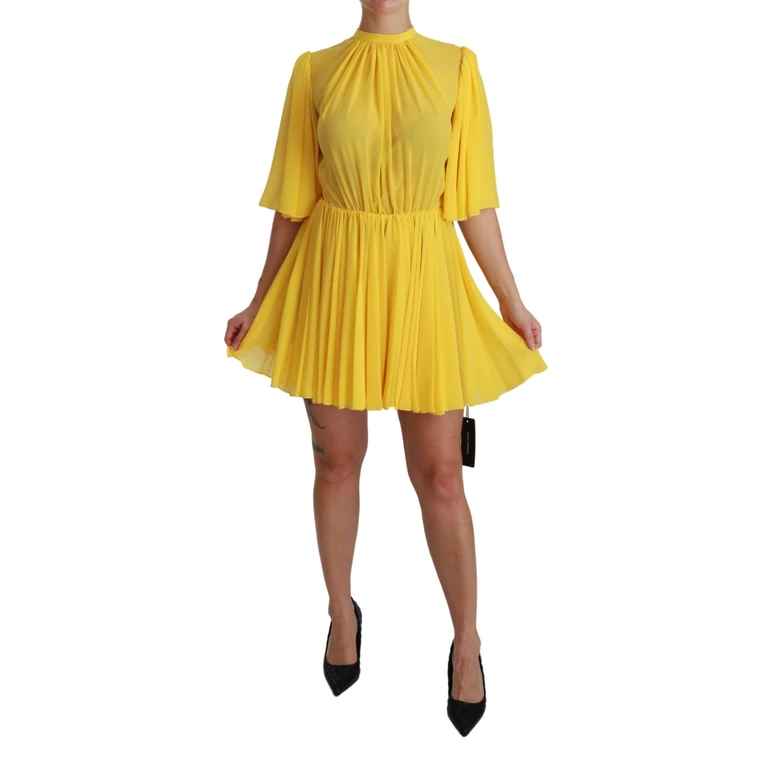 Dolce & Gabbana Yellow Pleated A-Line Mini Silk Dress - Women