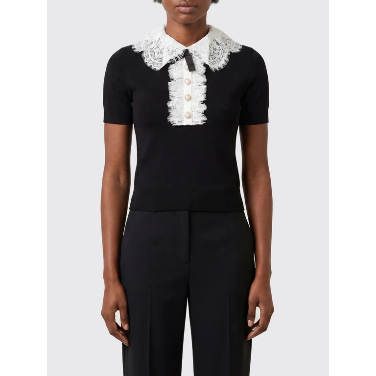 Short-Sleeved Wool Top with Lace Inserts (PF26134TBBLACK)