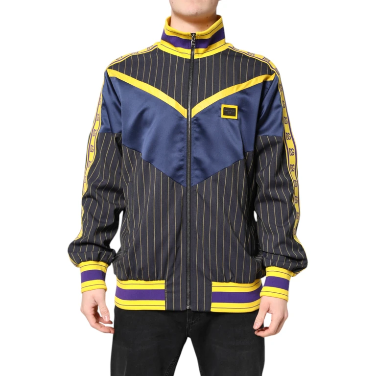 Dolce & Gabbana Black Striped Logo Full Zip Bomber Jacket Virgin Wool Polyester Nylon Clothing - Men