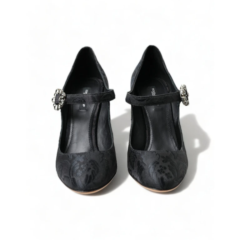 Black Brocade Mary Janes Heels Pumps Shoes Polyester - Women