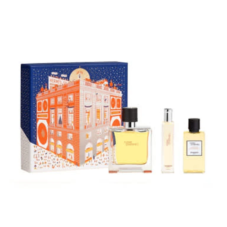 Terre D'Hermes Pure Perfume 3 Pcs Set For Men: 2.5 Parfum Spray + 0.5 Oz Parfum Spray + 1.35 Hair And Body Shower Gel
