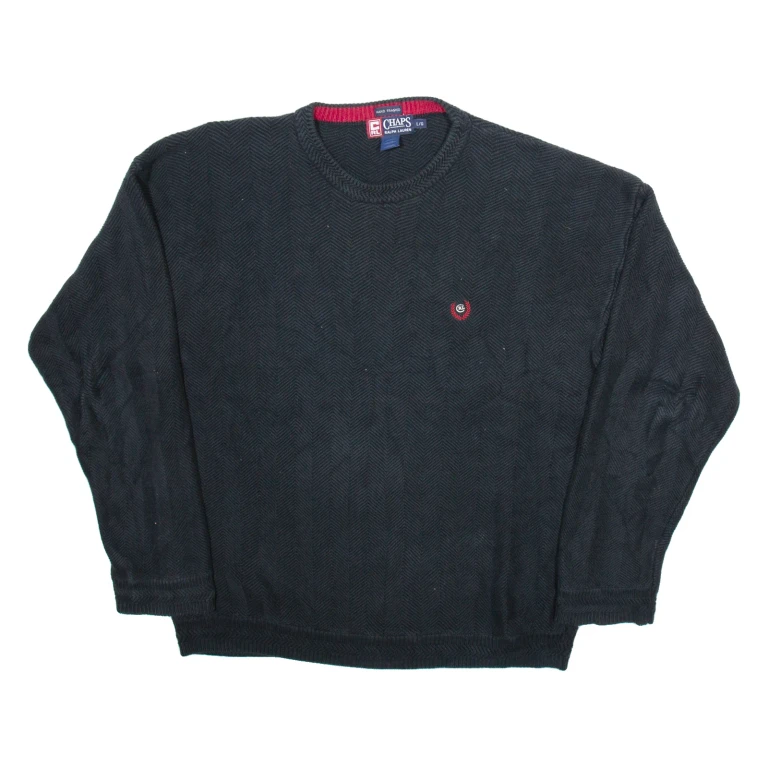 CHAPS Mens Patterned Jumper Black Herringbone Tight Knit L