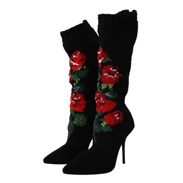 Dolce & Gabbana Black Stretch Socks Red Roses Booties Shoes Wool - Women