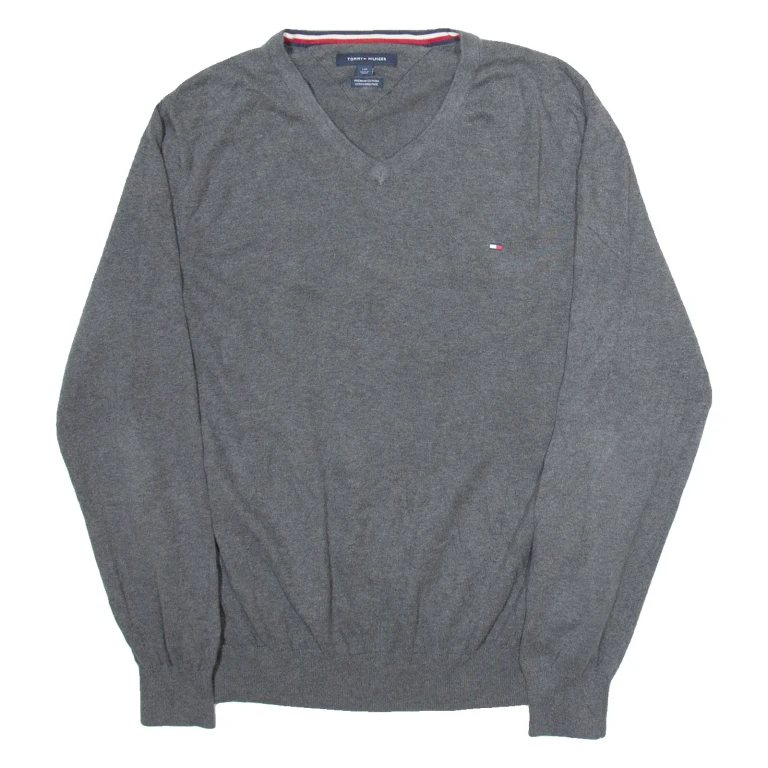 TOMMY HILFIGER Mens Jumper Grey V-Neck Tight Knit L