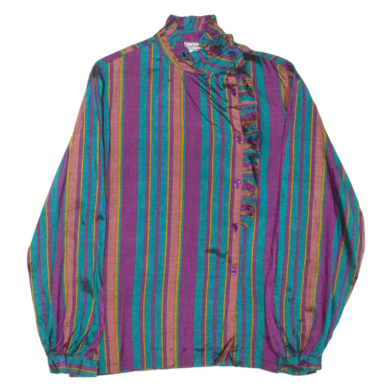 BAGHDADI Womens Printed Blouse Blue High Neck Long Sleeve Striped M