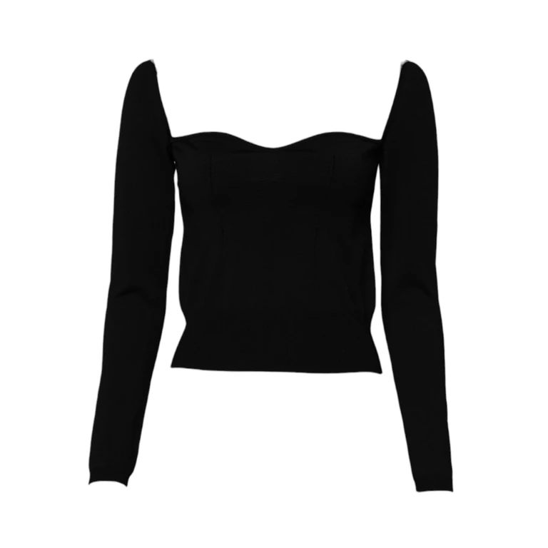 Black Square Neckline Long Sleeves Sweater Viscose Polyester Clothing - Women
