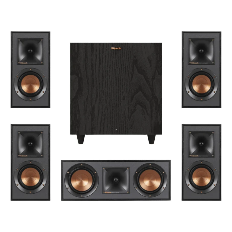 Reference Home Theater Speaker Bundle Includes (4) R-41M Bookshelf Speakers, (1) R-52C Center Channel, and (1) R-80SWi 8" Wireless Subwoofer for Immersive Surround Sound