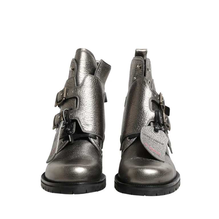 Dolce & Gabbana Metallic Silver Leather Buckle Ankle Boots Shoes - Men