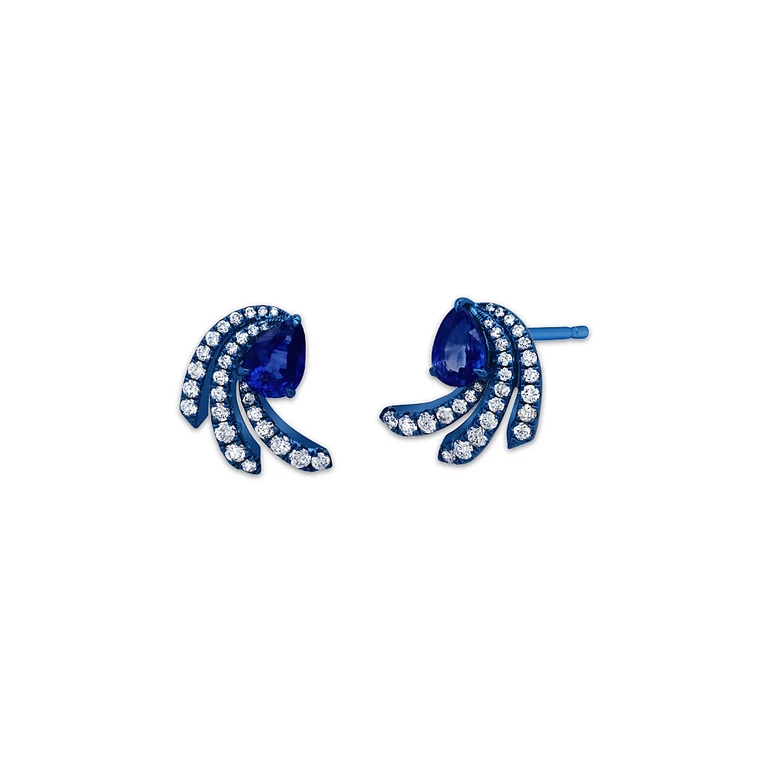 18K White Gold & Blue Rhodium Amazonia Blue Sapphire & Diamond Fan Stud Earrings