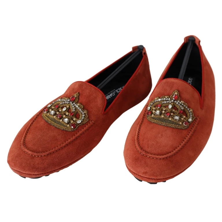 Dolce & Gabbana Orange Leather Crystal Crown Loafers Shoes - Men