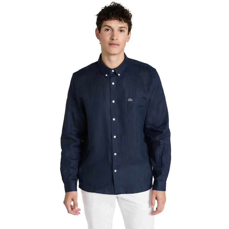 Lacoste Regular Fit Linen Casual Button Down Shirt Navy Blue S