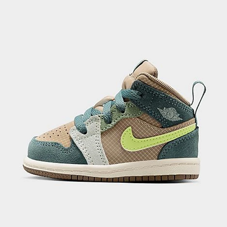 Jordan Kids Toddler Air Retro 1 Mid SE Casual Shoes in Khaki/Hasta/Olive Grey Size: 2.0