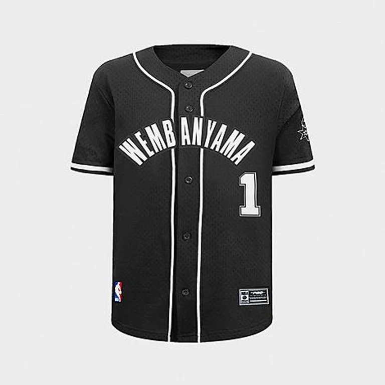 Big Kids San Antonio Spurs NBA Wembanyama Mesh Button Down T-Shirt in Black Size: Small