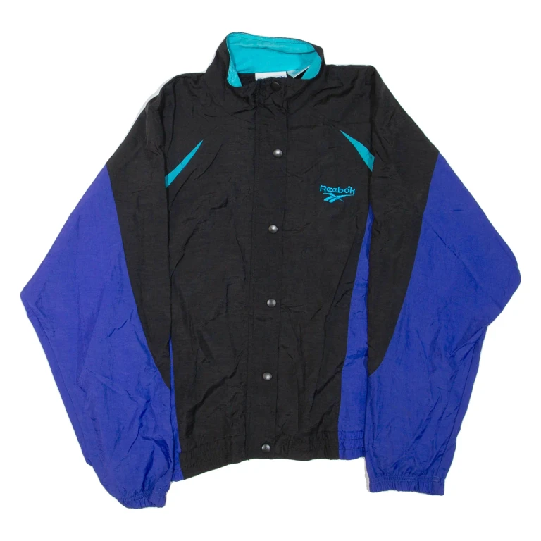 REEBOK Mens Track Jacket Black Nylon Colourblock L