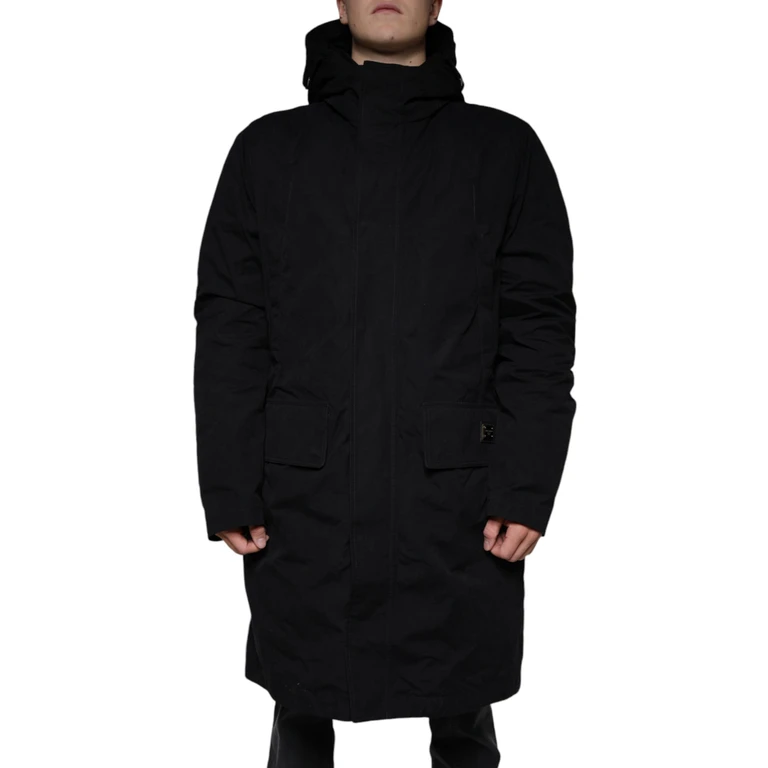 Dolce & Gabbana Black Hooded Parka Cotton Trench Coat Jacket Polyester Silk Clothing - Men