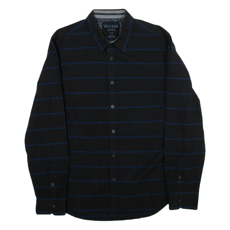 GUESS Slim Fit Mens Shirt Black Striped Long Sleeve L
