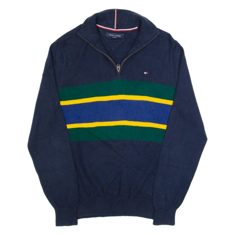 TOMMY HILFIGER Mens Jumper Blue 1/4 Zip Tight Knit S