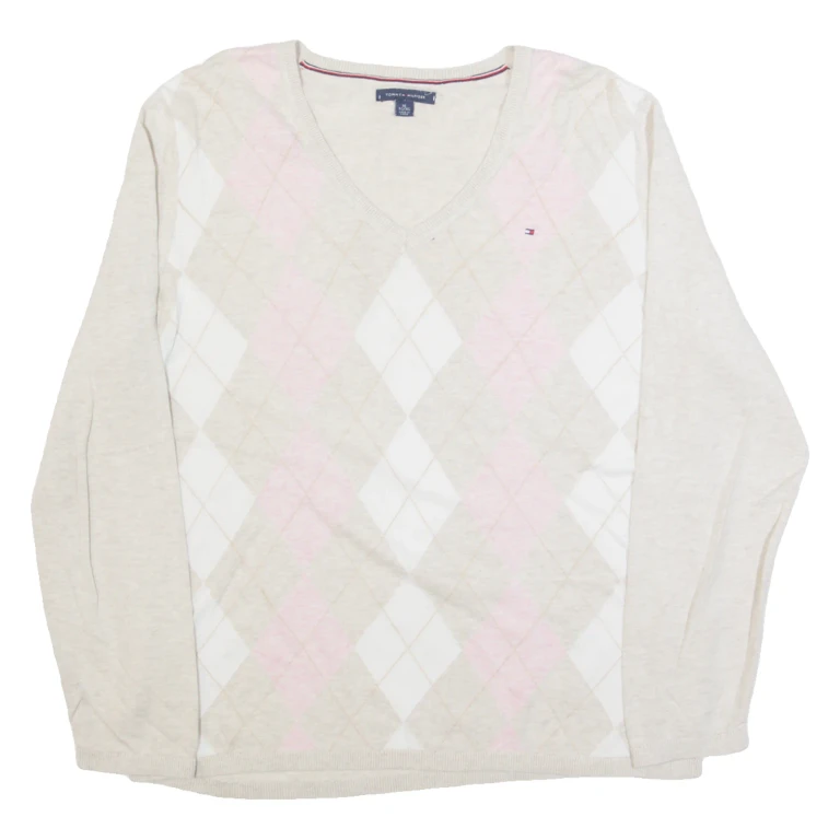 TOMMY HILFIGER Womens Patterned Jumper Beige Argyle V-Neck Tight Knit XL