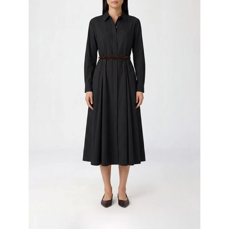 Midi Chemisier Cotton Dress with Belt and Long Sleeves (2616221062600004)