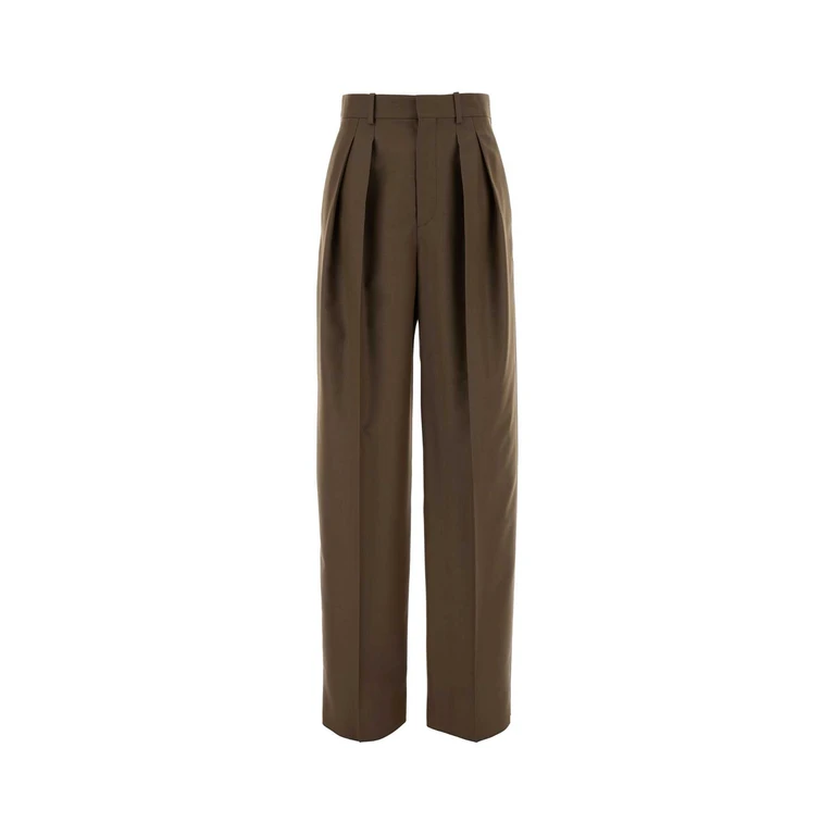 Saint Laurent Mud Wool Blend Wide-Leg Pant Marronglace Exterior: Mohair Pantaloni - Women
