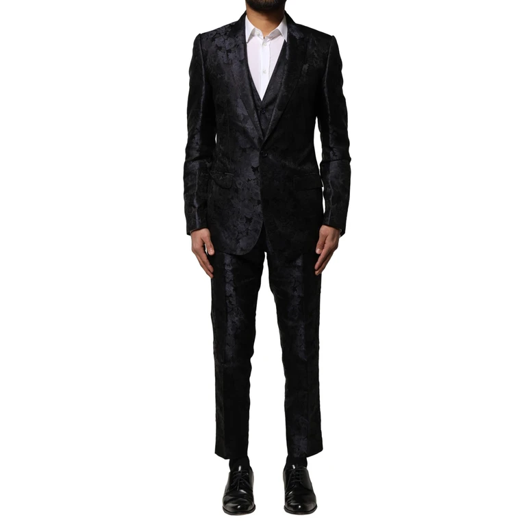 Dolce & Gabbana Black Jacquard 3 Piece Single Breasted Suit Blue Silk - Men