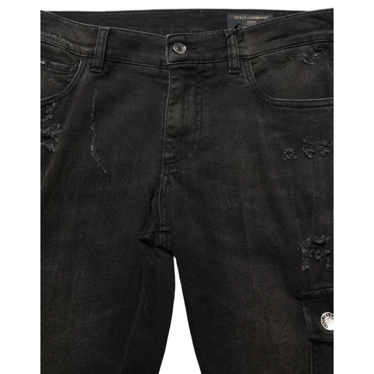 Black Distressed Cargo Cotton Men Denim Jeans Clothing - Men