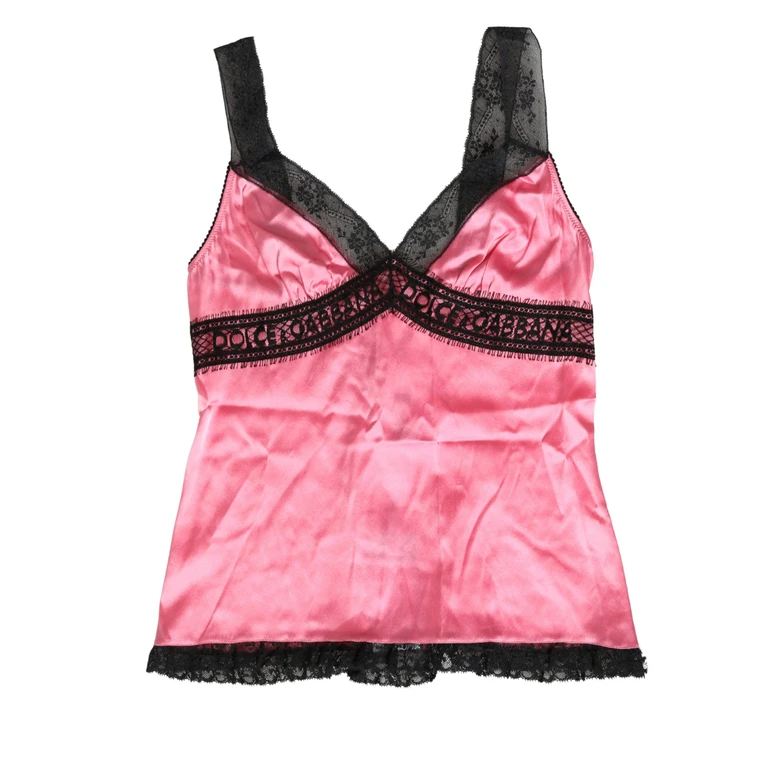 Pink Silk Satin Lace Trim Lingerie Top Sleepwear - Women
