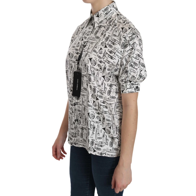 Dolce & Gabbana White Musical Instrument Collared Blouse Shirt Silk - Women