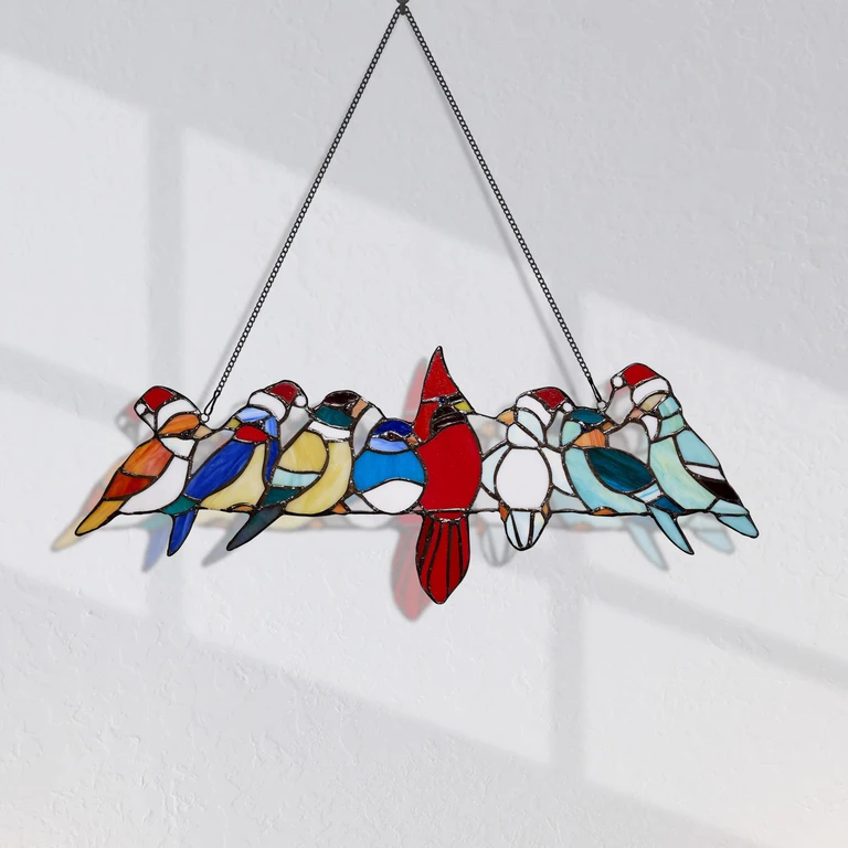 Santa Birds on Wire Tiffanystyle Stained Glass Window Panel