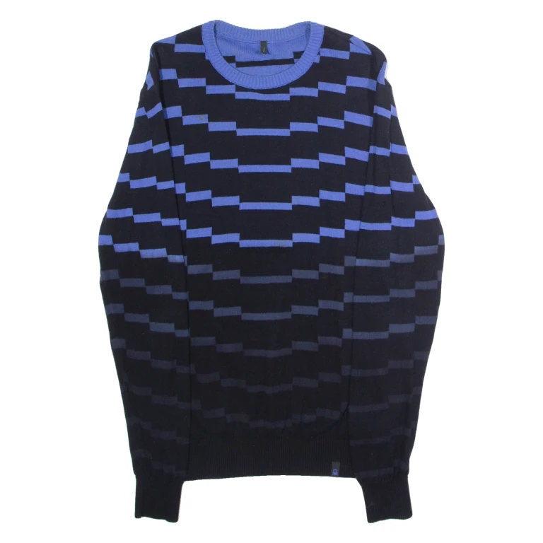 BENETTON Womens Patterned Jumper Black Striped Crew Neck Tight Knit S