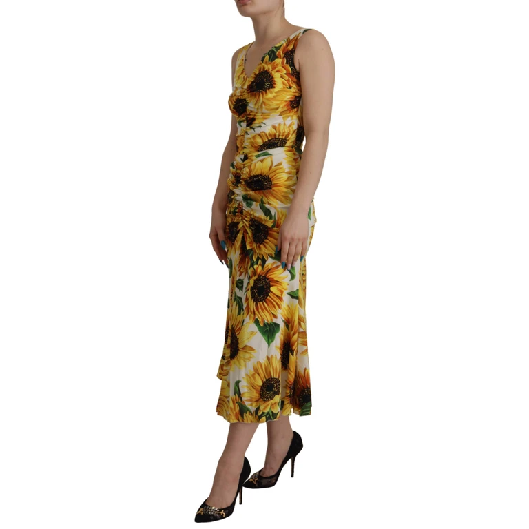 Dolce & Gabbana White Sunflower Print Sheath Midi Silk Clothing - Women