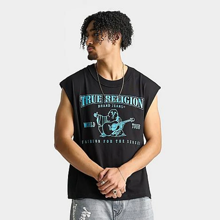 True Religion Men's World Tour Sleeveless Cut Off T-Shirt in Black/Blue Bell Size: Small