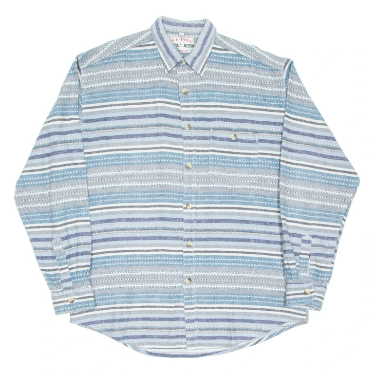 ICE POLE SPORTS CLUB Mens Flannel Shirt Blue Striped Long Sleeve XL