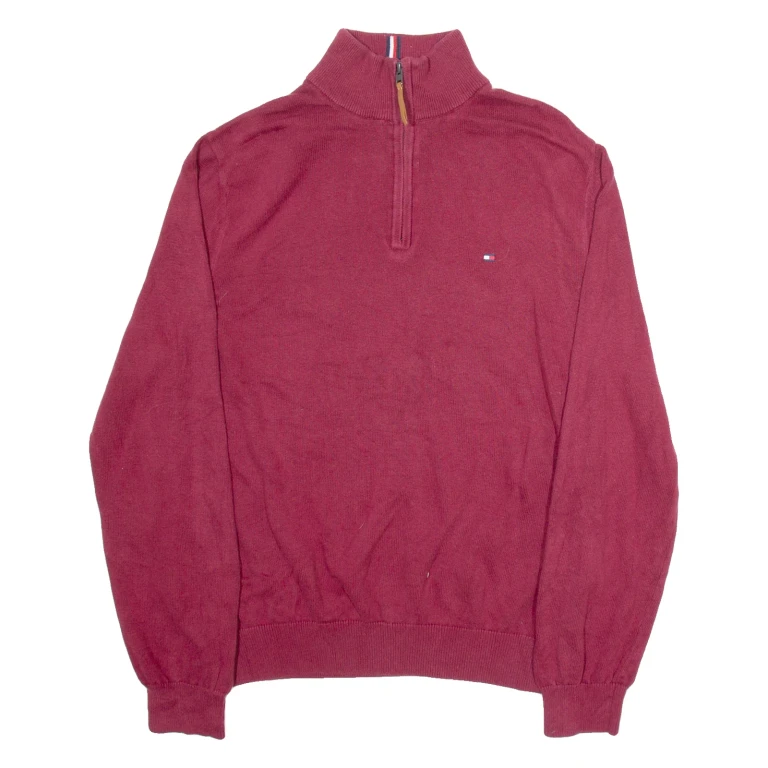 TOMMY HILFIGER Mens Jumper Maroon 1/4 Zip Tight Knit L