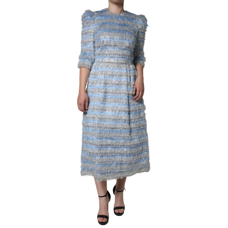 Dolce & Gabbana Light Blue Silver Jacquard A-Line Midi Dress Polyester Silk Nylon - Women