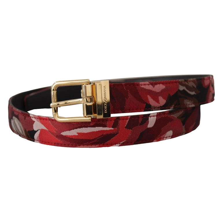 Dolce & Gabbana Red Jacquard Rose Leather Gold Metal Buckle Belt - Men