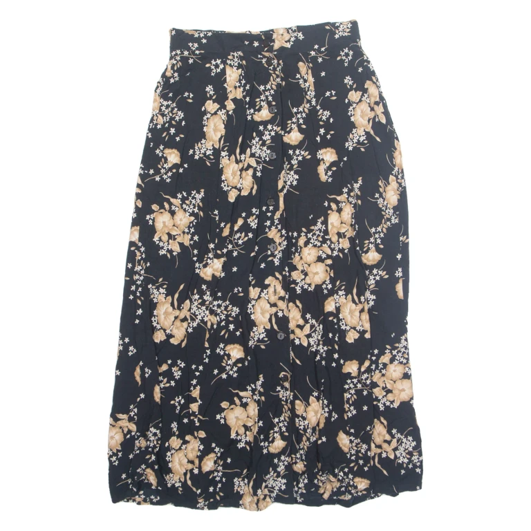 SAG HARBOUR Button Down Womens A-Line Skirt Black Midi 90s Floral S