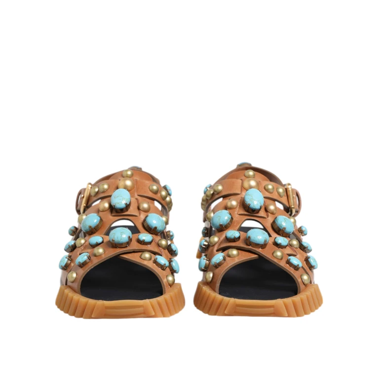 Dolce & Gabbana Brown Leather Studded Slides Sandals Shoes - Men