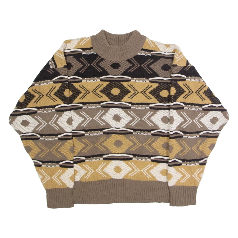 PRIVATE STOCK Mens Patterned Jumper Brown Striped High Neck 90s M