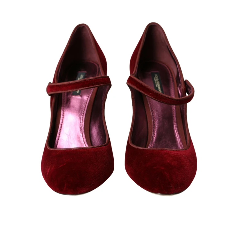 Dolce & Gabbana Red Velvet Gold Crystals Heels Mary Jane Shoes Bordeaux Cotton Viscose - Women
