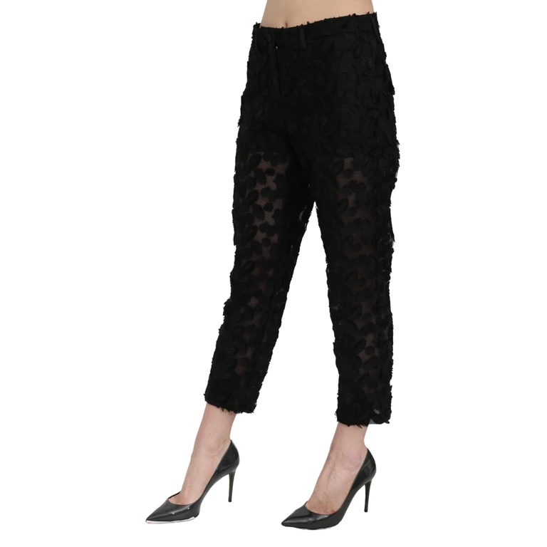 Dolce & Gabbana Black Lace Straight Cropped High Waist Pants Polyester Silk - Women