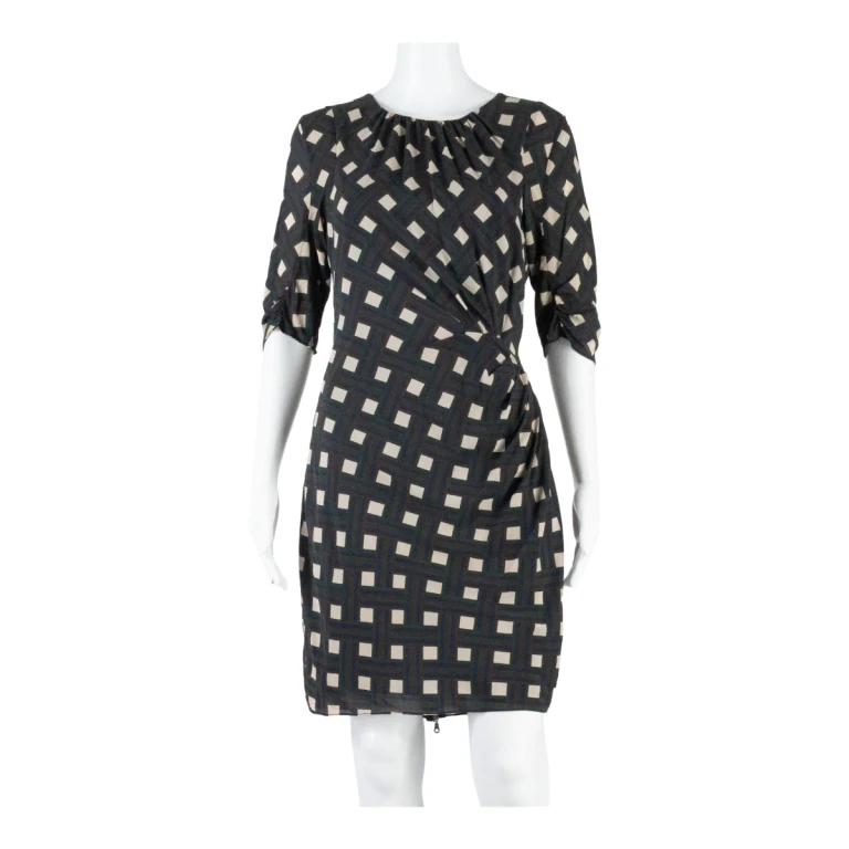 WHISTLES Womens Pencil Dress Green Silk Check Short Sleeve Knee Length UK 10