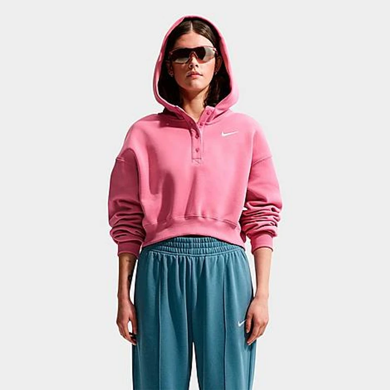 Nike Women's Sportswear Phoenix Fleece Oversized Cropped Henley Hoodie in Peony/Sail Size: XS